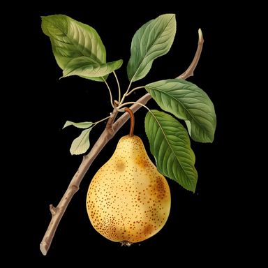 Ripe yellow pear hanging from branch with green leaves.