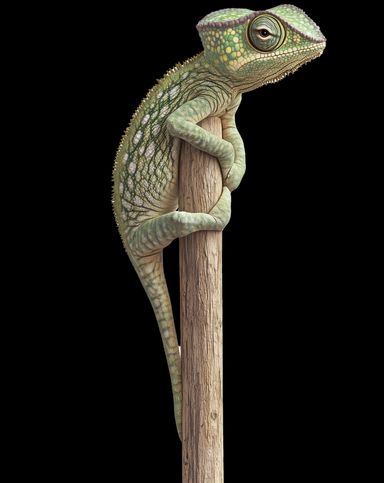 Green chameleon perched on a wooden stick.