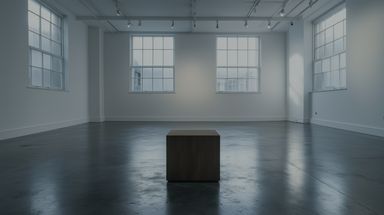 Square box in the center of an empty art gallery.