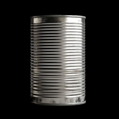 Silver tin can with horizontal ridges and smooth lid.