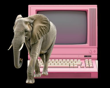 Montage of a pink old school computer and an elephant