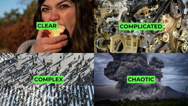 Illustrations of clear, complicated, complex and chaotic problems.