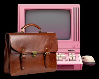 Rosa dator med en brun skinnportfölj framför.